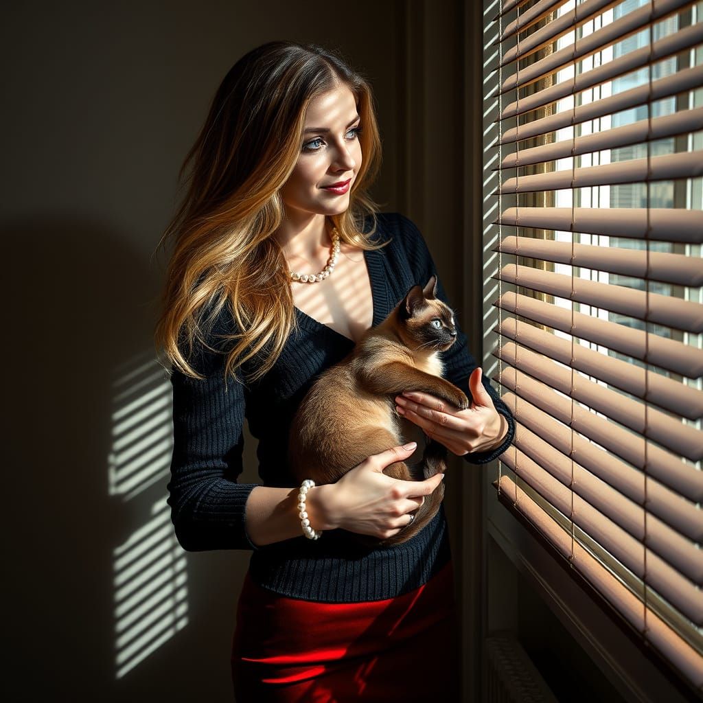 Elegant Woman Cradles Siamese Cat in Luxurious Setting