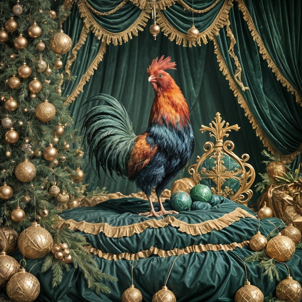 Rooster with Wool Neck on Baroque Christmas Balls