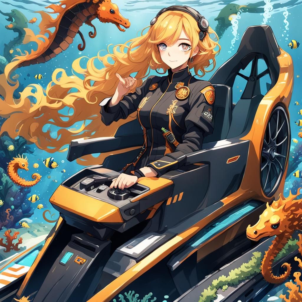 Anime Girl in Seaweed Coat Races Underwater