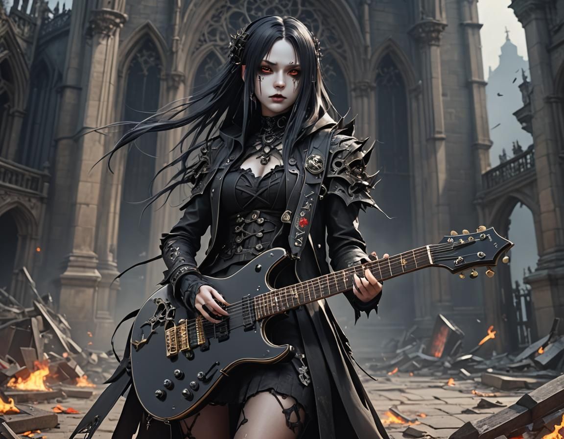 Gothic Female Metal Guitarist in 3D Anime Style