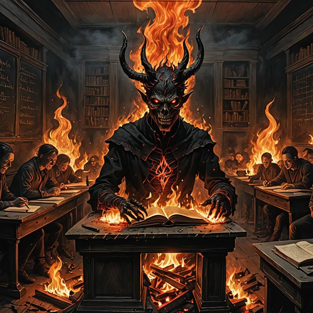 Hellish Classroom Scene in Dark Gothic Style