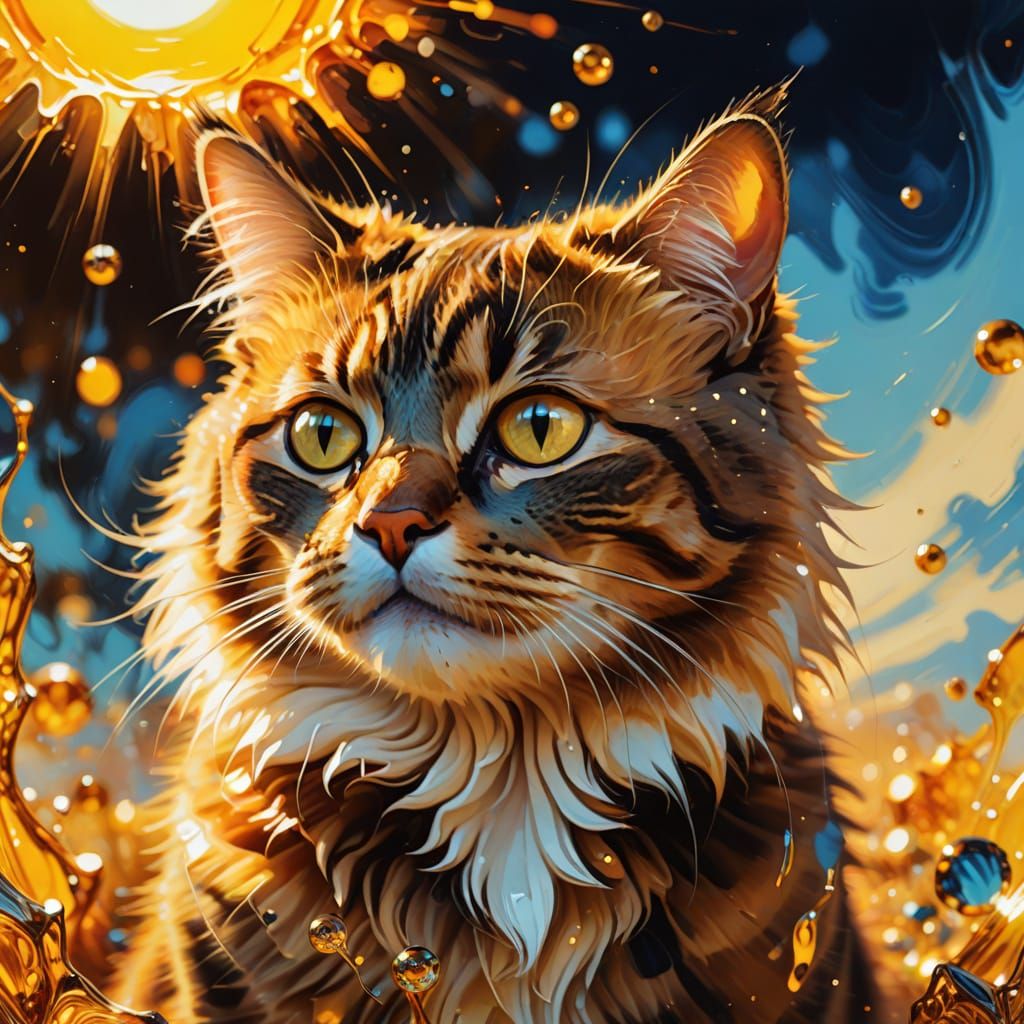 Surreal Cat Made of Sun Glare in Oil Painting Style