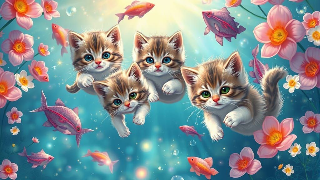 Kittens Frolic with Fish in Enchanted Waters
