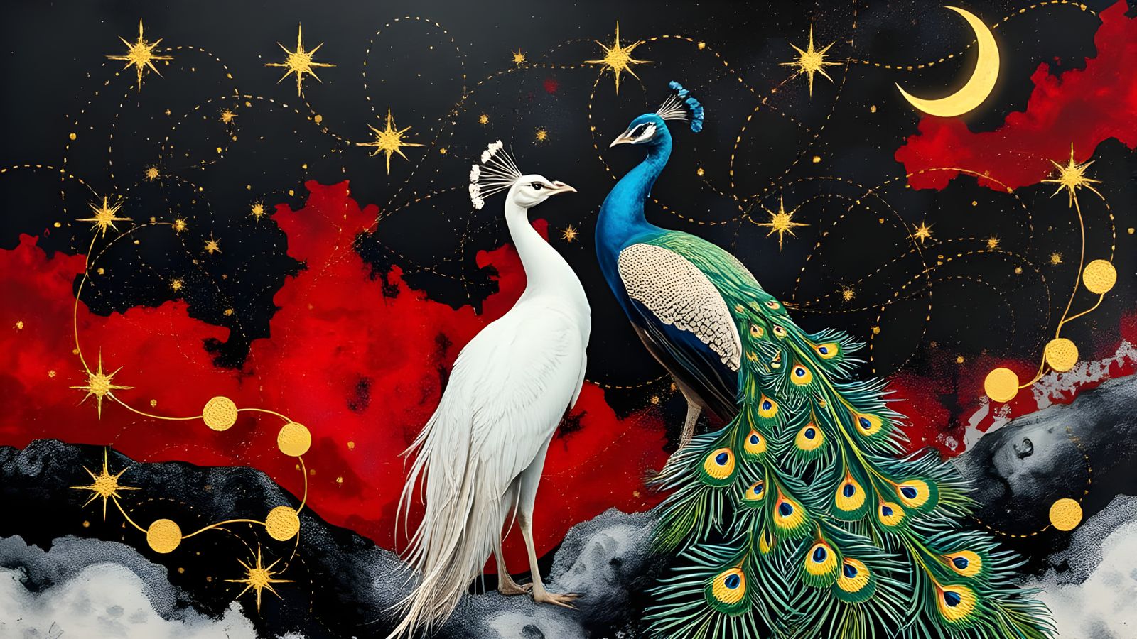 Luxurious Celestial Peacocks in Gold Leaf and Red Hues