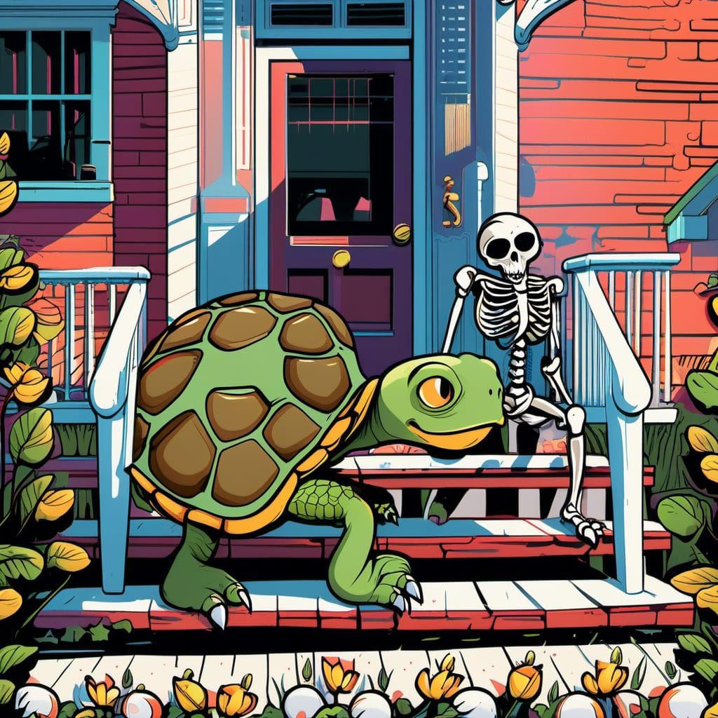 Cartoon Turtle Delivers Pizza to Skeleton