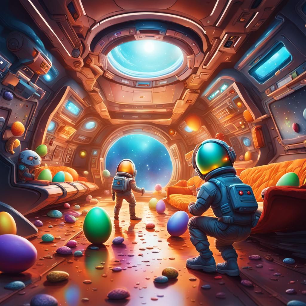 Martians Easter Egg Hunt Inside Spaceship: Hyperrealistic Co...