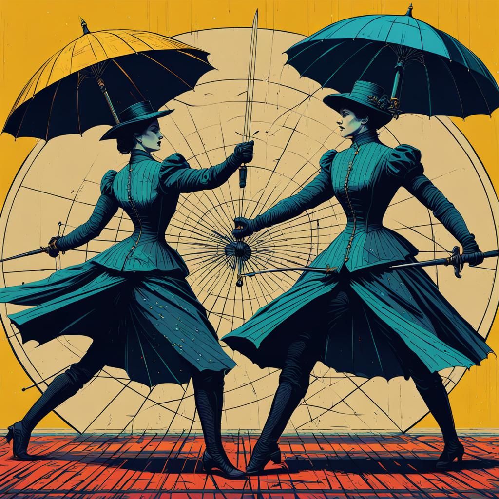 Victorian Women's Umbrella Duel: Pop Art Screen Print