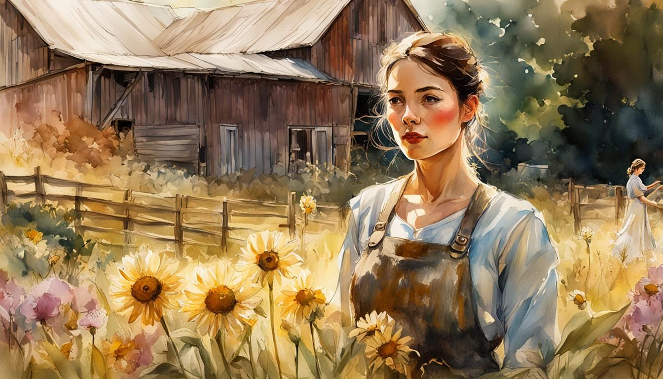 Farmer's Wife in Garden: Digital Watercolor Illustration