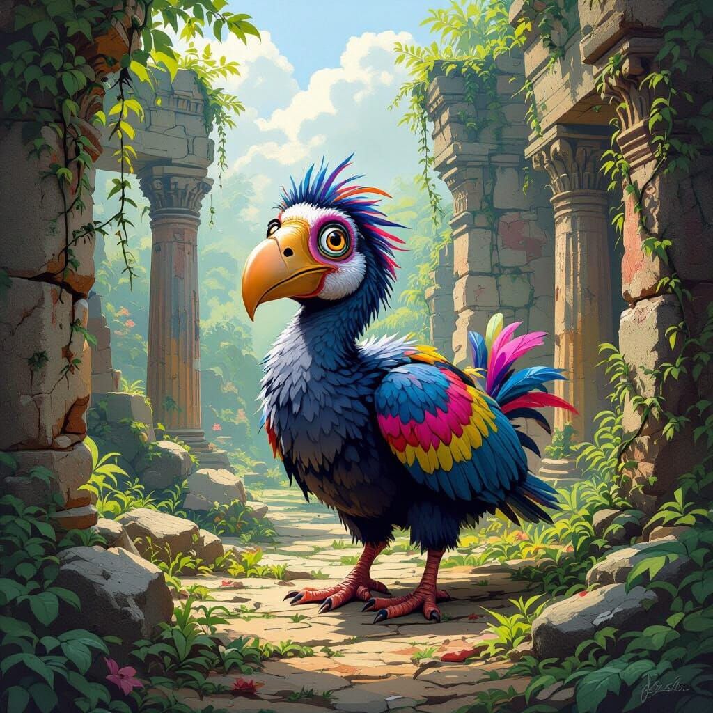 Dodo Bird in Tropical Temple Ruins, Fantasy-Realistic Style