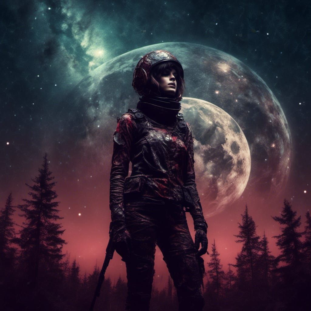 Soldier Girl on Alien Planet Under Starry Night