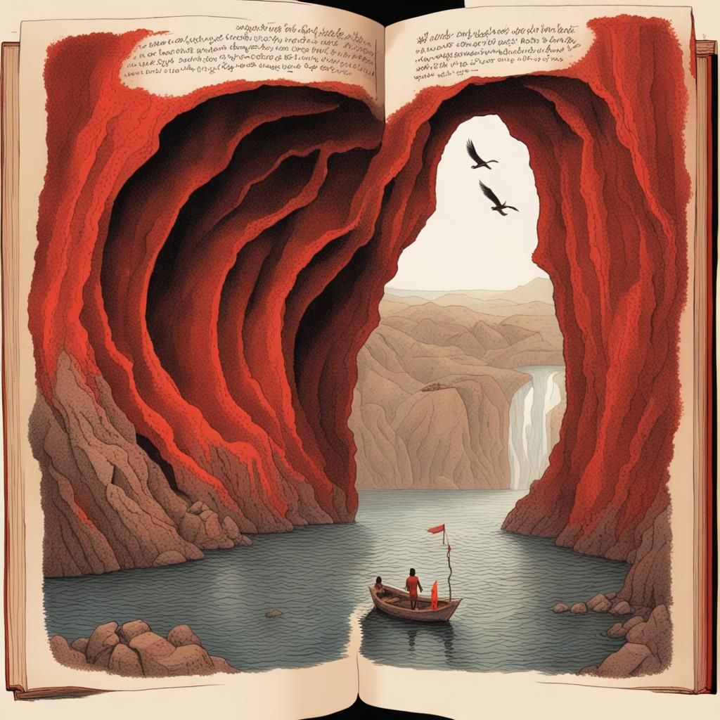 Surreal Open Book Landscape with Fiery Cave