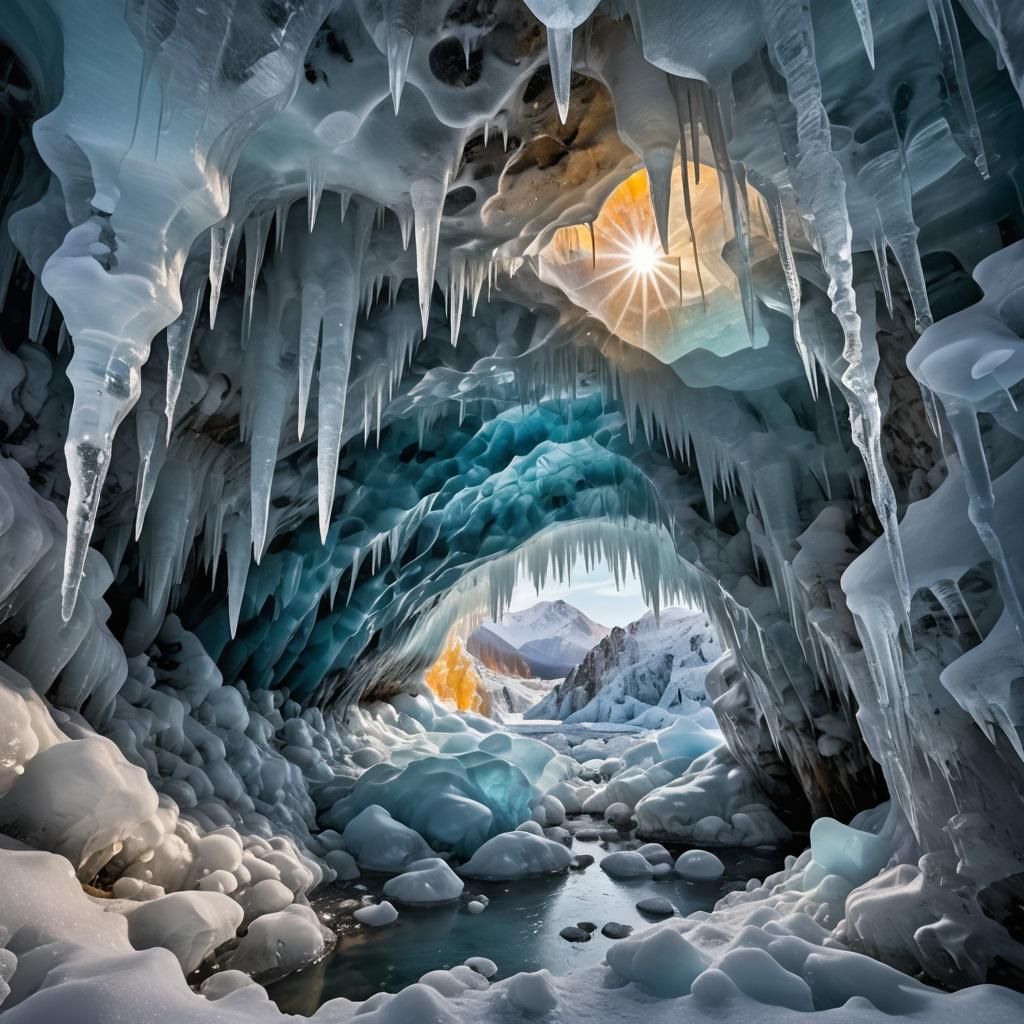 A majestic ice cave adorned with intricate frozen formations...