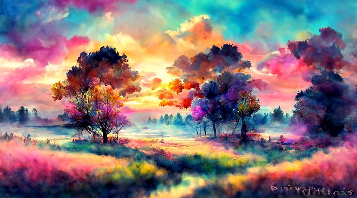Whimsical Sunset Watercolour Landscape in Pastel Hues