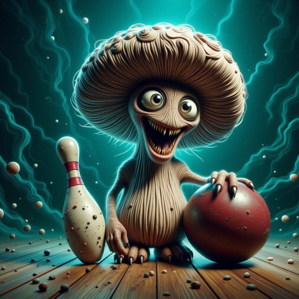 Mushroom Lunatic Holds Bowling Ball in Cinematic Scene