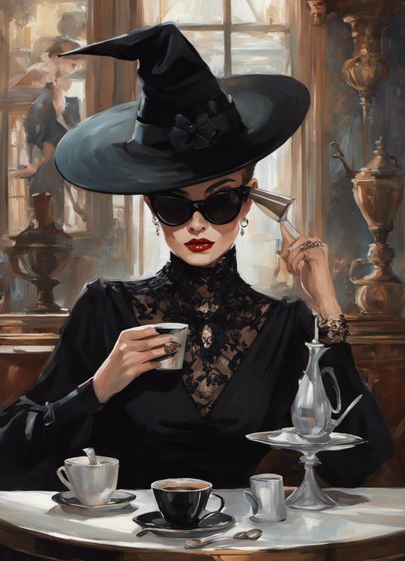 Elegant Witch in Cafe, Dark Fantasy Art
