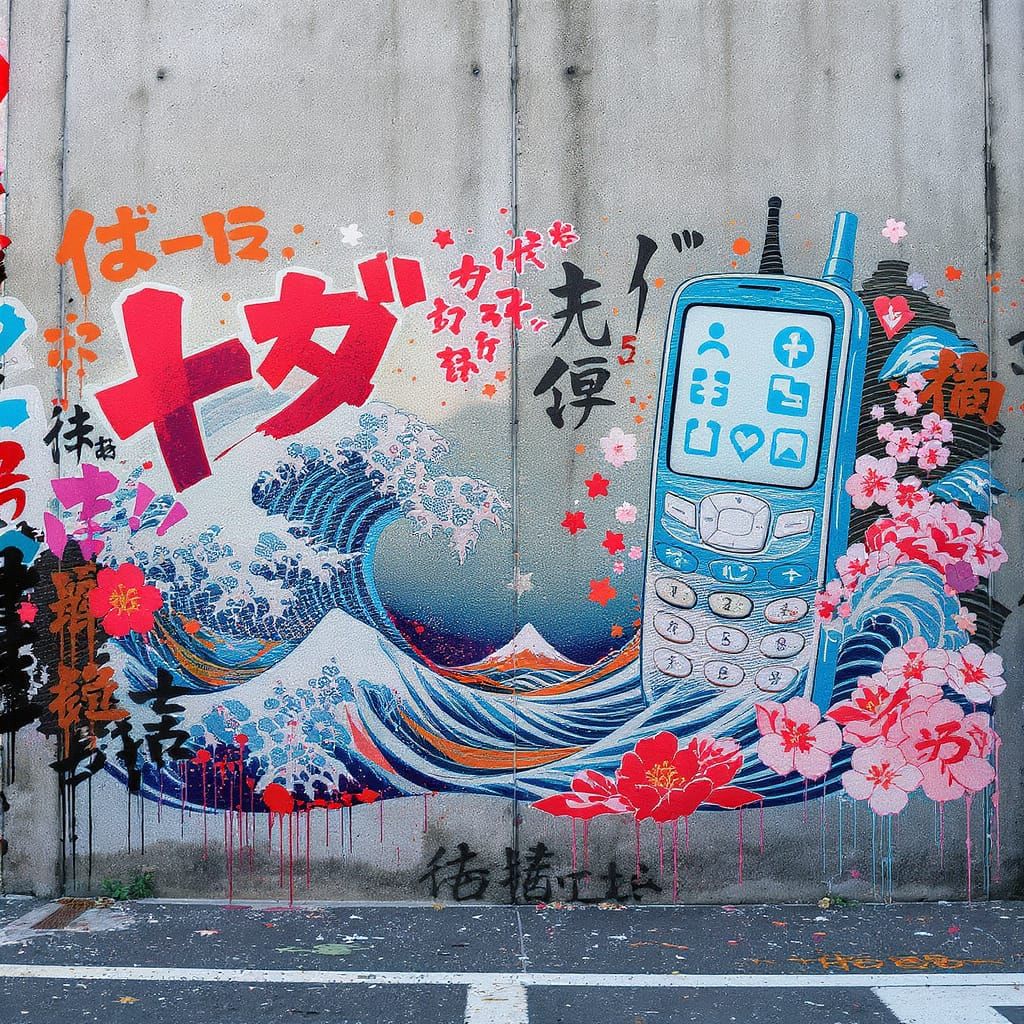 Graffiti Mural: 2000s Tech Meets Japanese Art