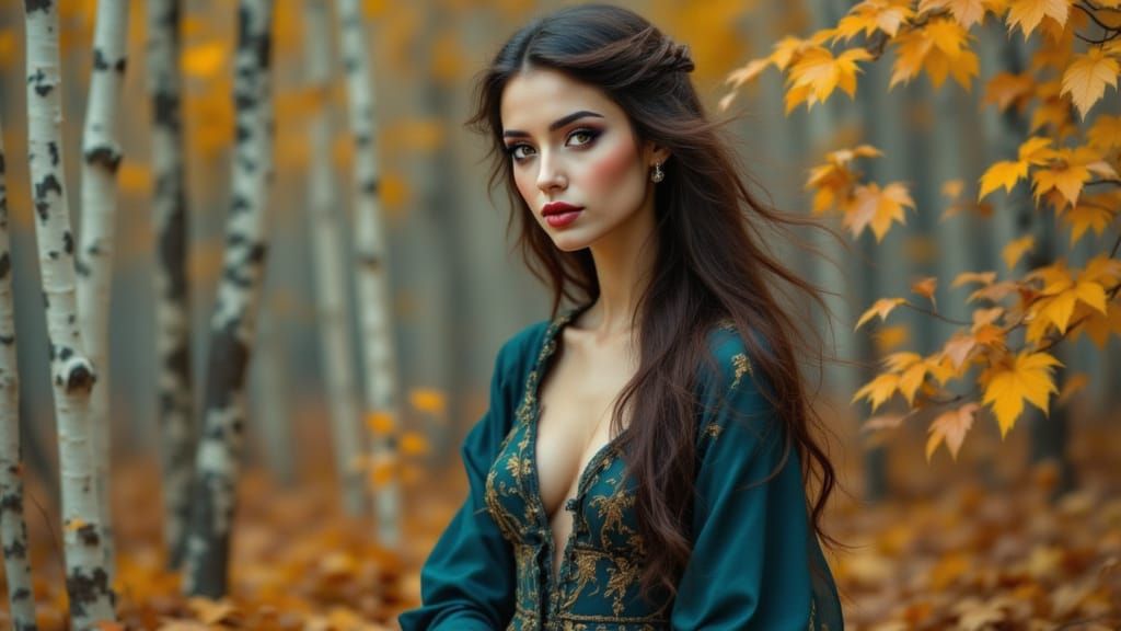 A Woman in Deep Teal Gazing into an Autumn Forest