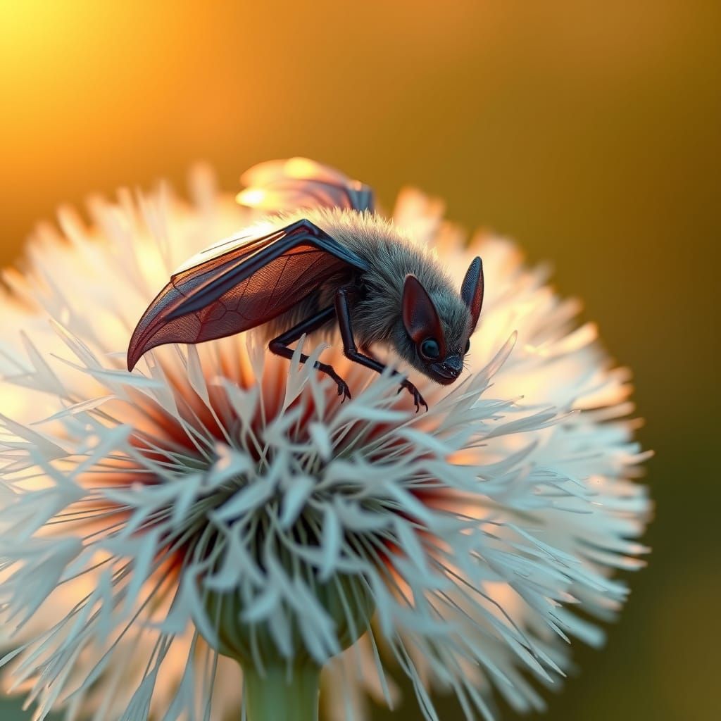 Iridescent Vampire Bat on a Sun-Kissed Dandelion in Hyperrea...