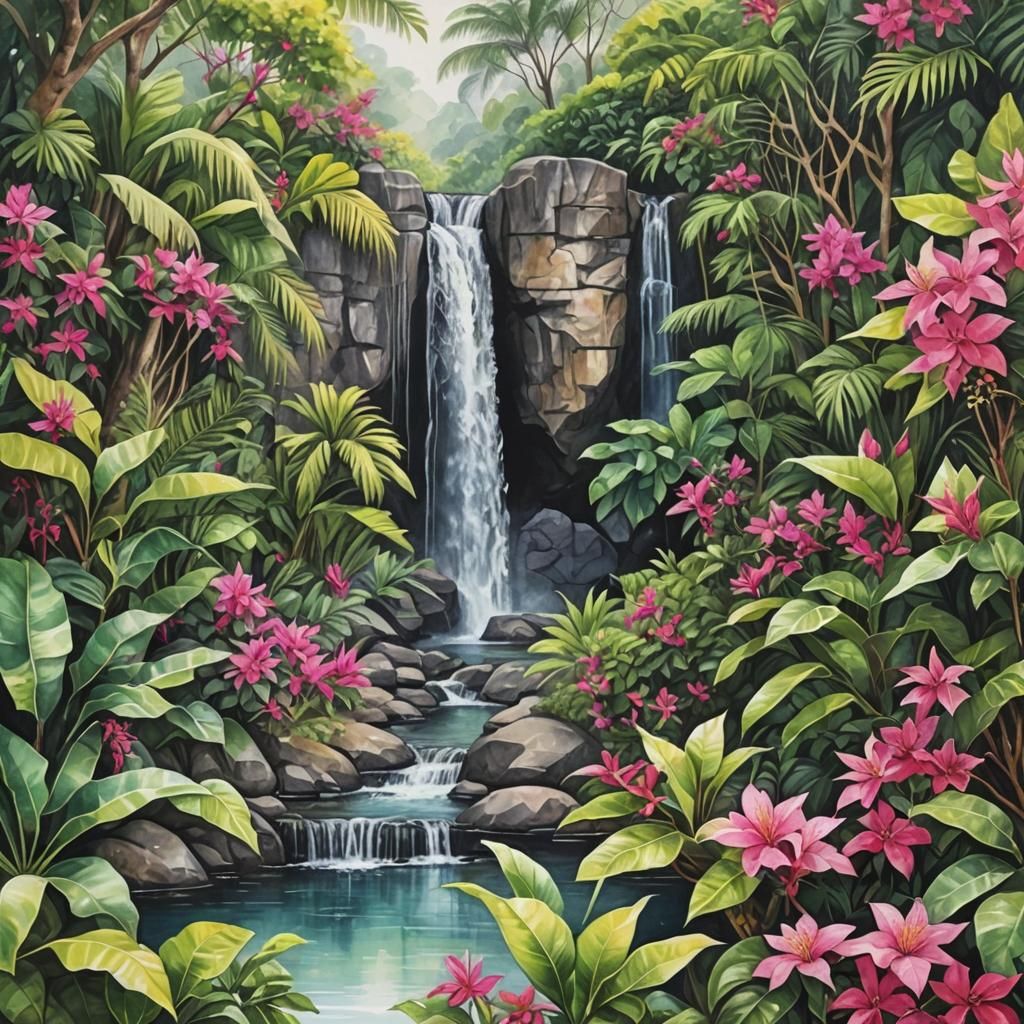 Mauritius Tropical Waterfall in Watercolor Style