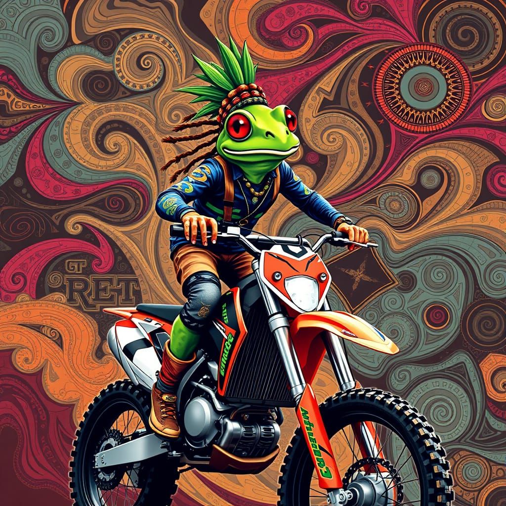 Rasta Frog Rides Hard Enduro in Geometric Pop Art
