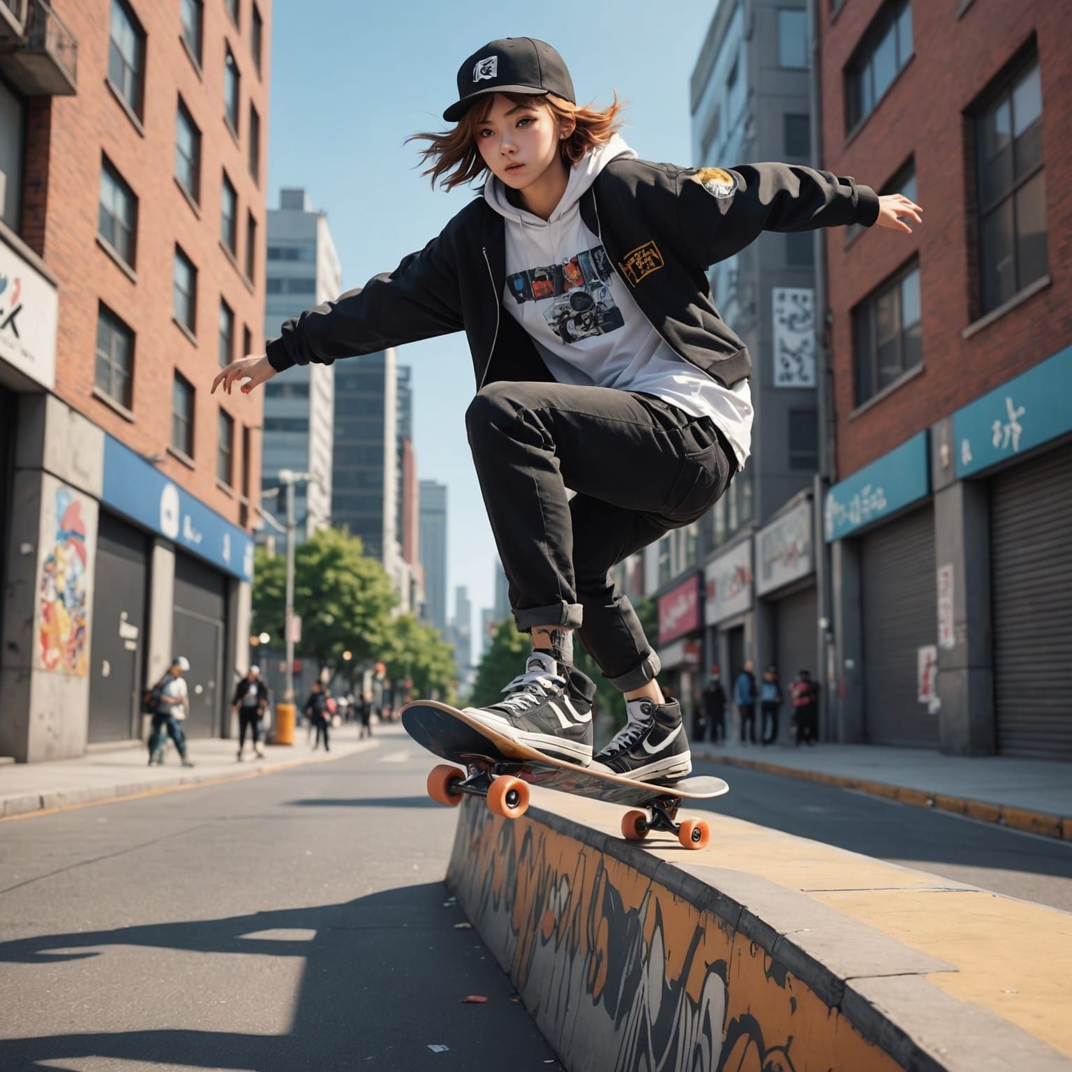 Anime Skateboarder Mid-Kickflip in Urban Setting
