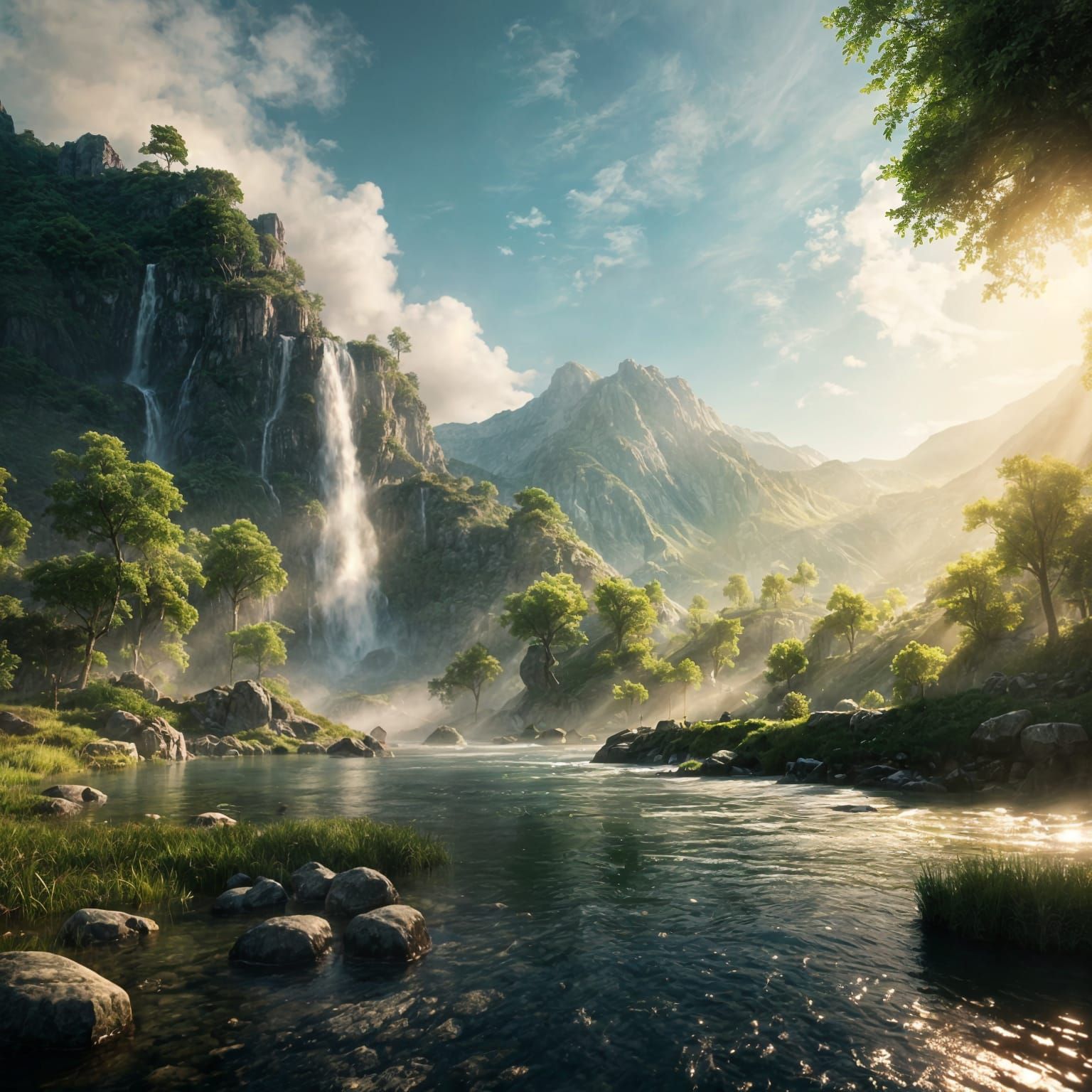 Majestic Waterfall Scene in 3D Game Style