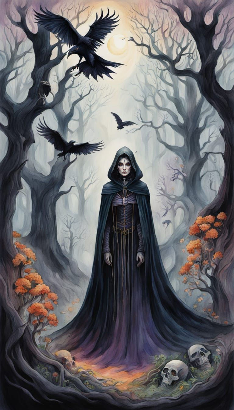 Beautiful Witch in Dark Forest, Expressionistic Watercolor