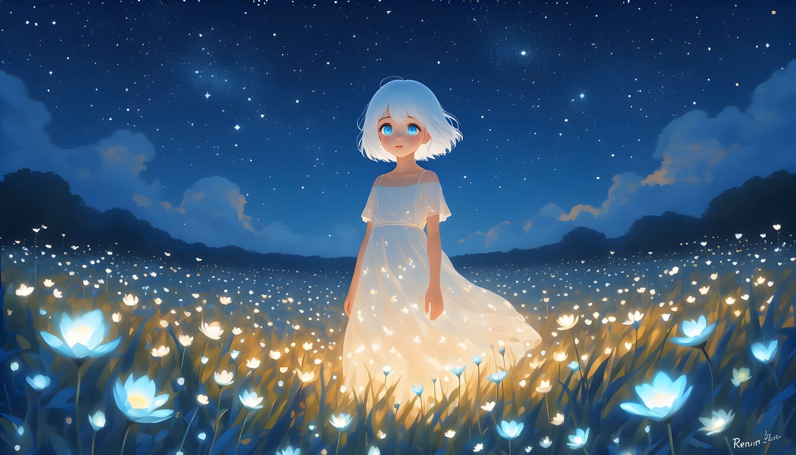 Bioluminescent Meadow Dreamscape in Impressionistic Style