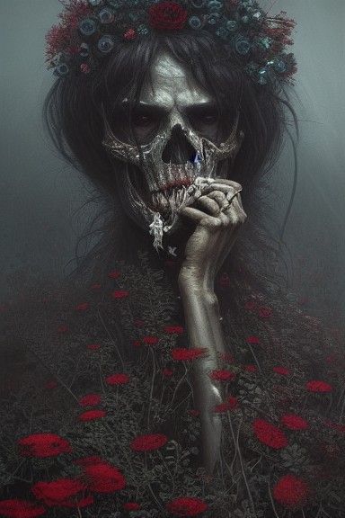 Floral Undead Skull Portrait in Horror Style