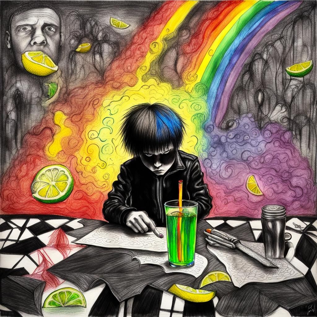 Gloomy Goth Teenager Drinking Lemonade in Surreal Drawing