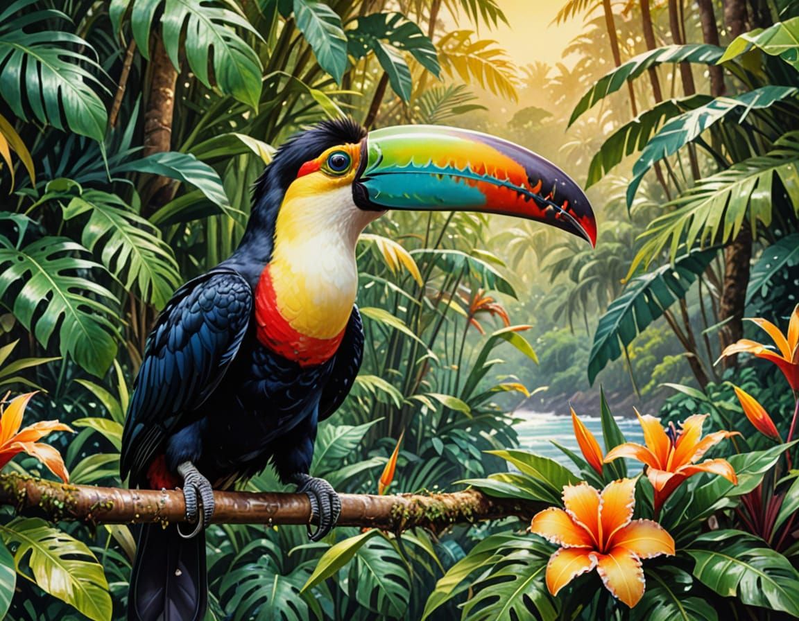 Tropical Toucan Directs Tides: Watercolor and Metallic Ink