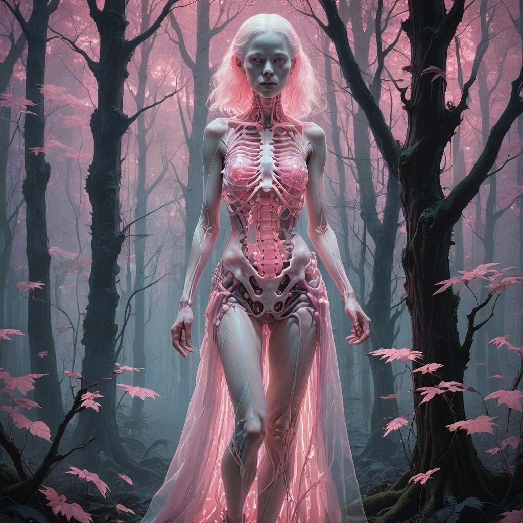 Albino Woman with Neon Skeleton in Dark Woods