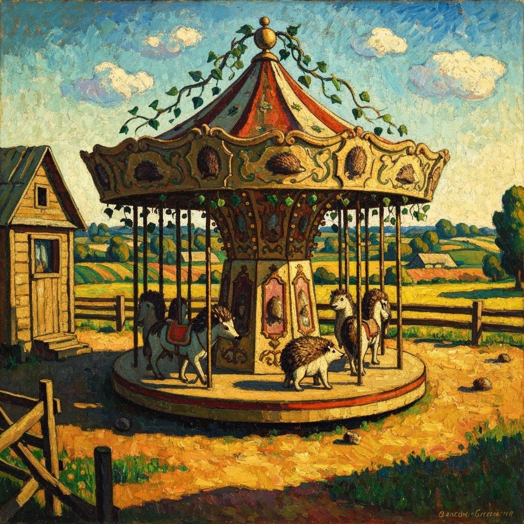 Whimsical Hedgehog Carousel in Cubist Post-Impressionist Sty...