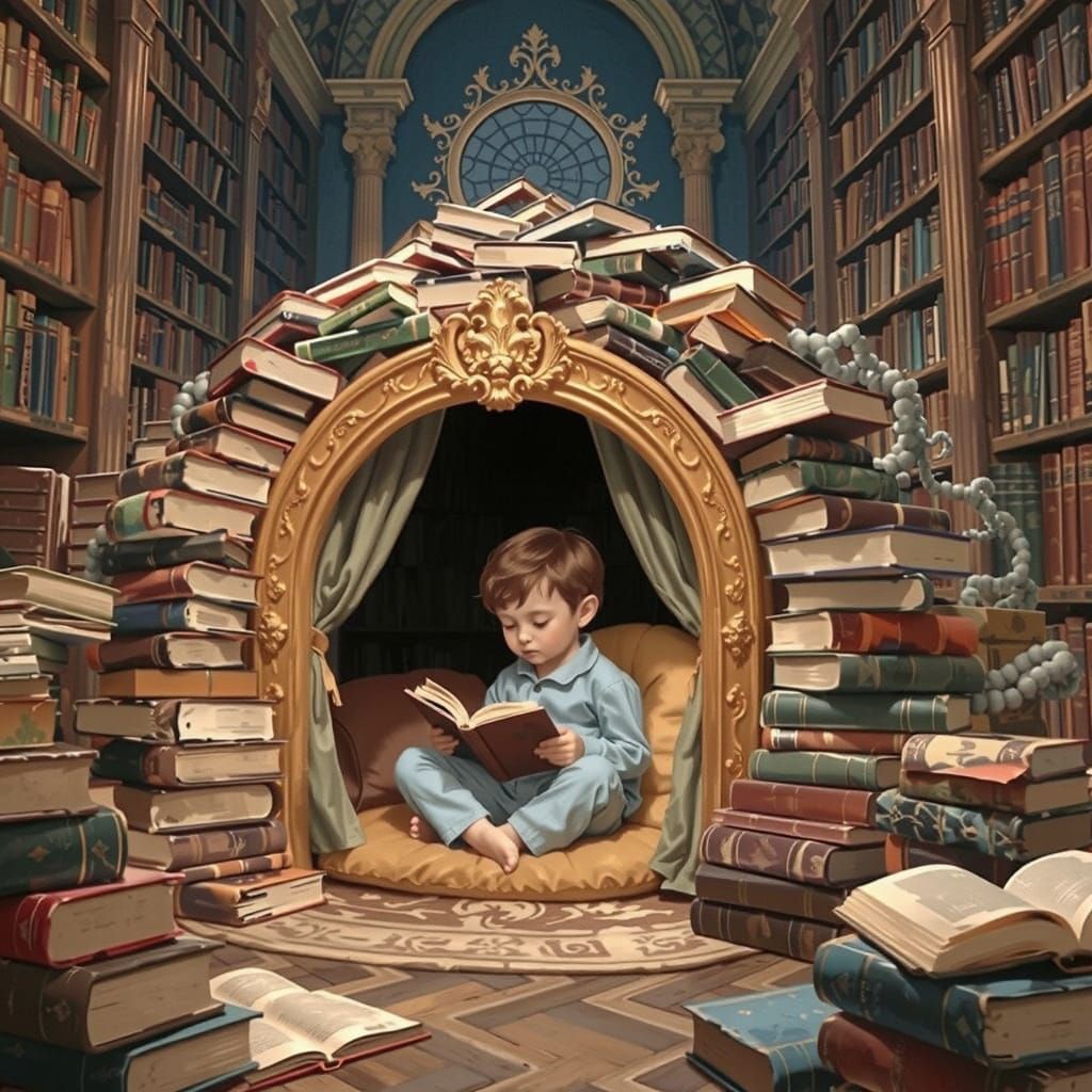 Boy Reading in Cozy Book Fort, Rococo Style