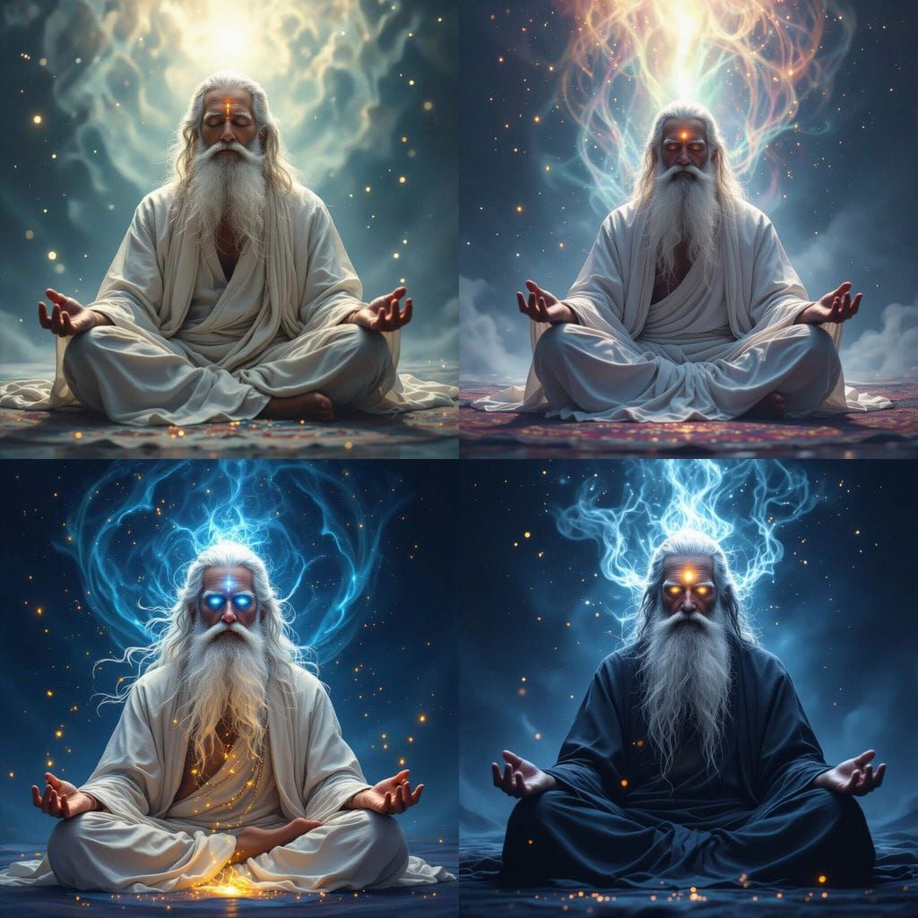 Mystical Sage Meditating in Void with Glowing Eyes