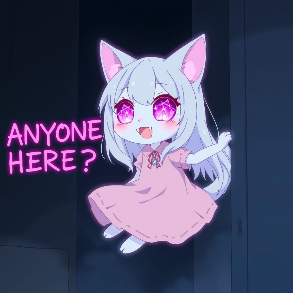 Spooky Synthwave Anime Catgirl in Haunted Scene