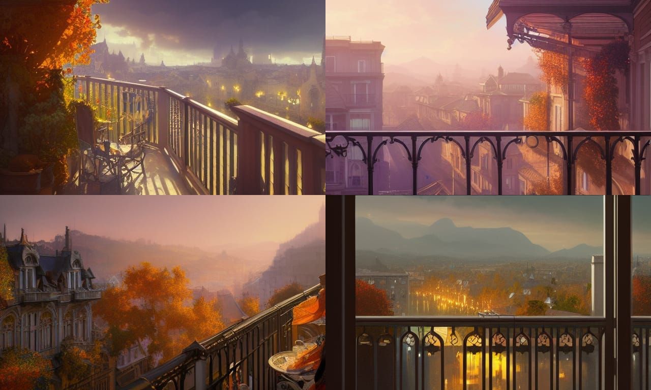 Autumnal Town Balcony View in Hyperdetailed Concept Art