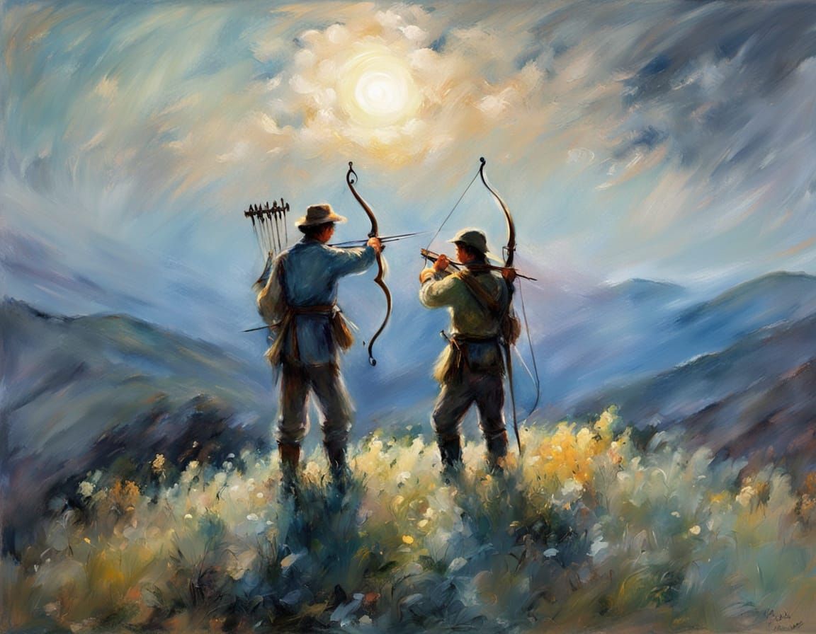 Impressionist Archers Under Moonlight in Claude Monet Style