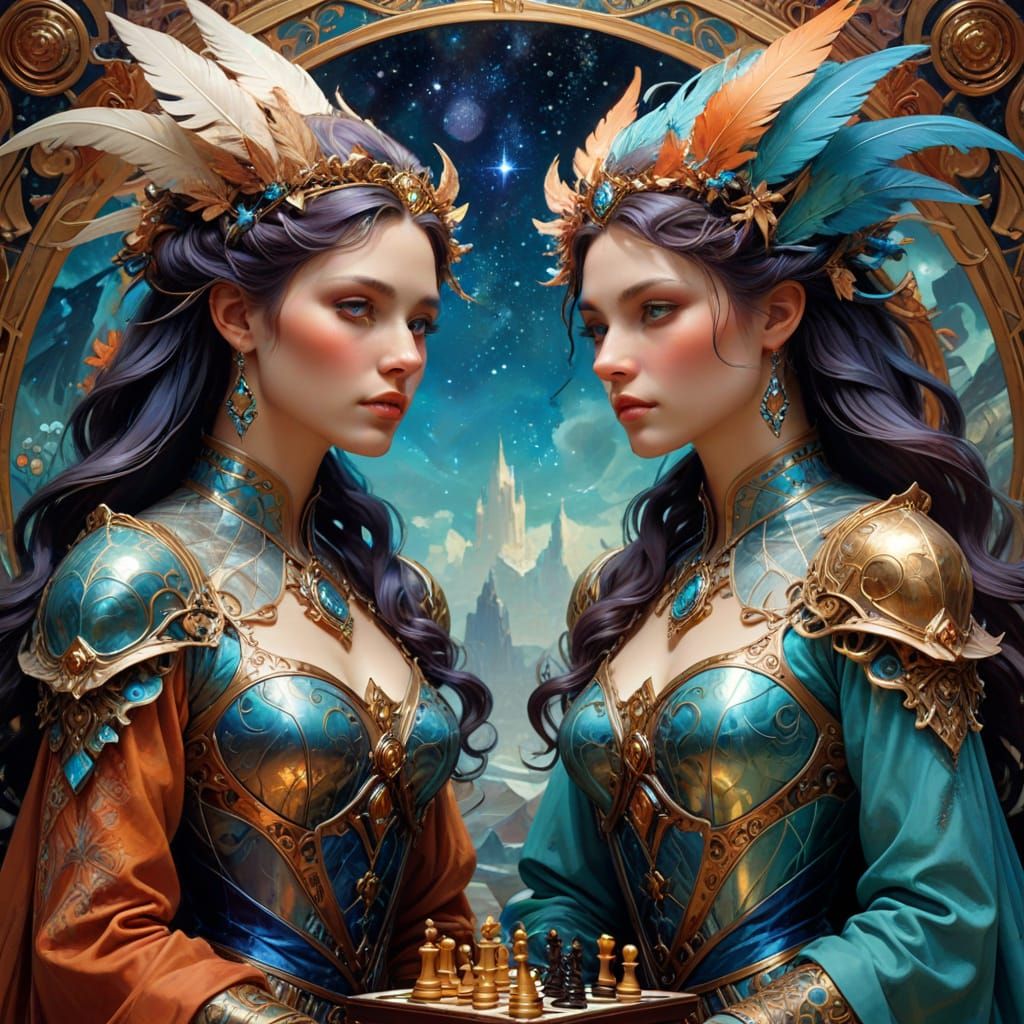 Avian Tieflings Play Chess: A Digital Art Portrait