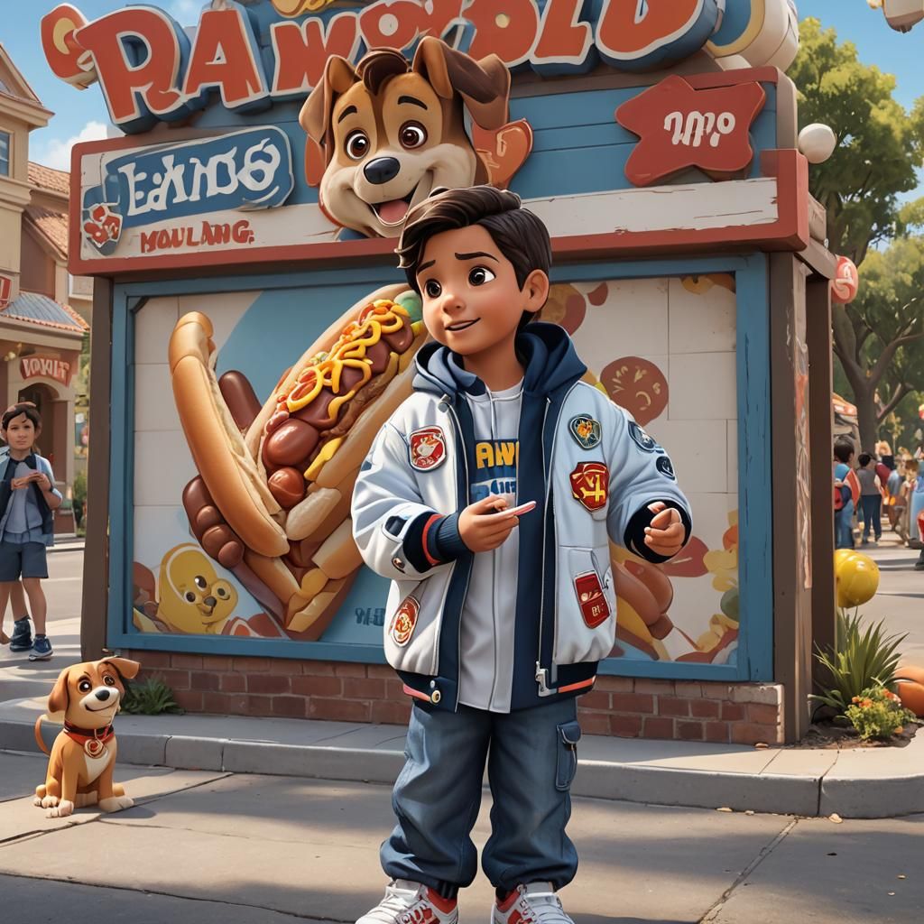Hispanic Boy Eating Hotdog in Disneyland: 3D Anime Art