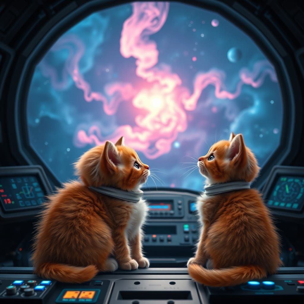 Cosmic Kittens Marvel at Nebula in Spaceship Control Room