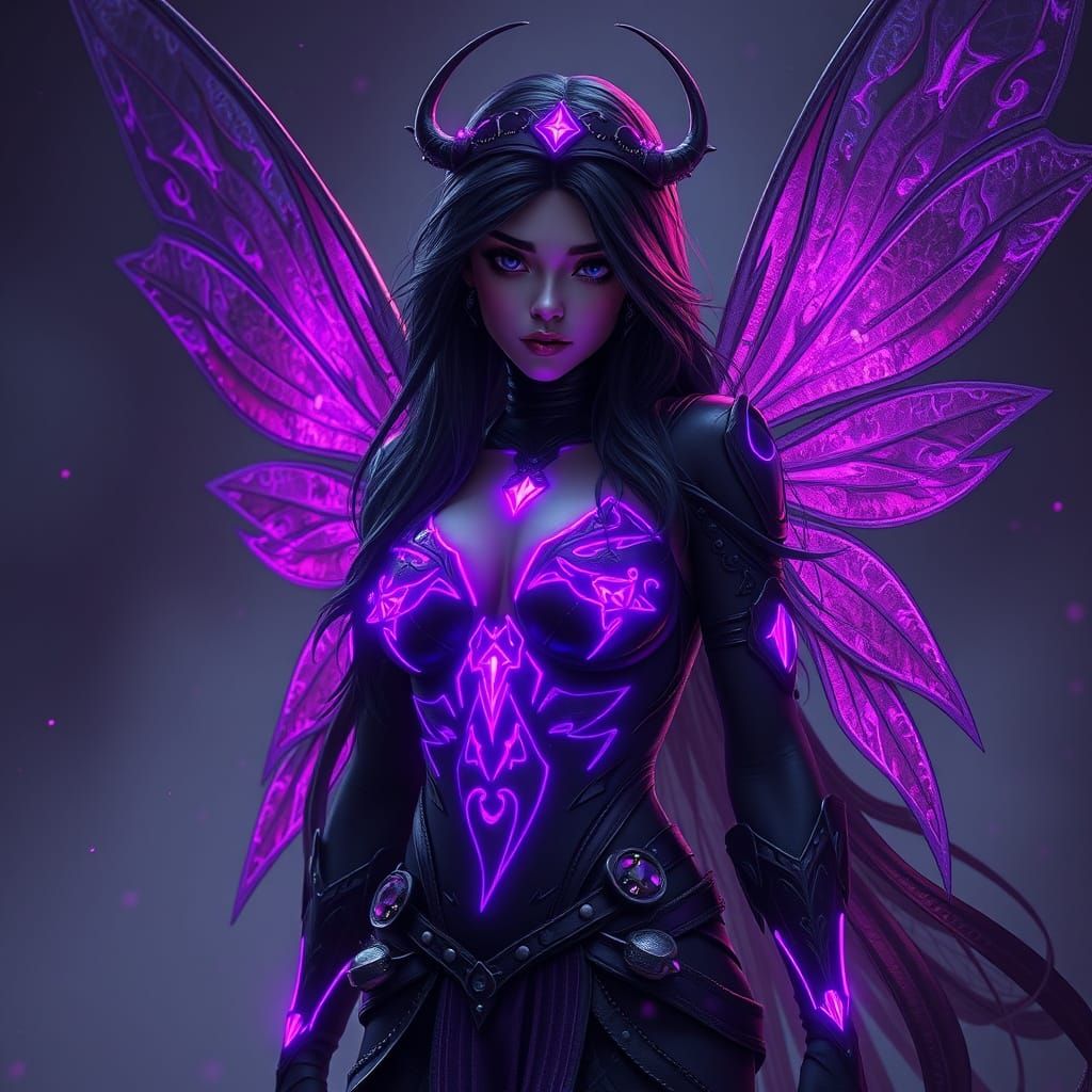 Black Fairy with Purple Neon Lights, Detailed Fantasy Art