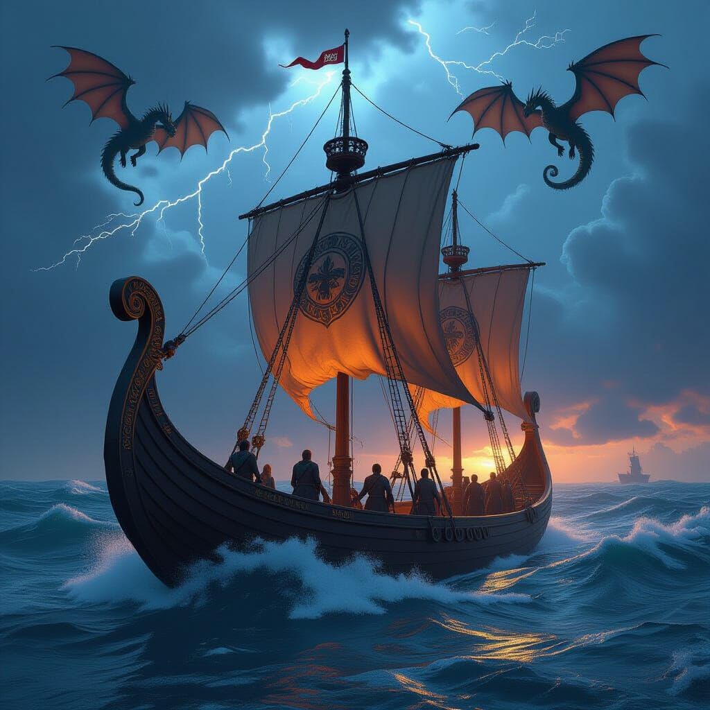 Viking Dragon Ship Amidst Stormy Seas