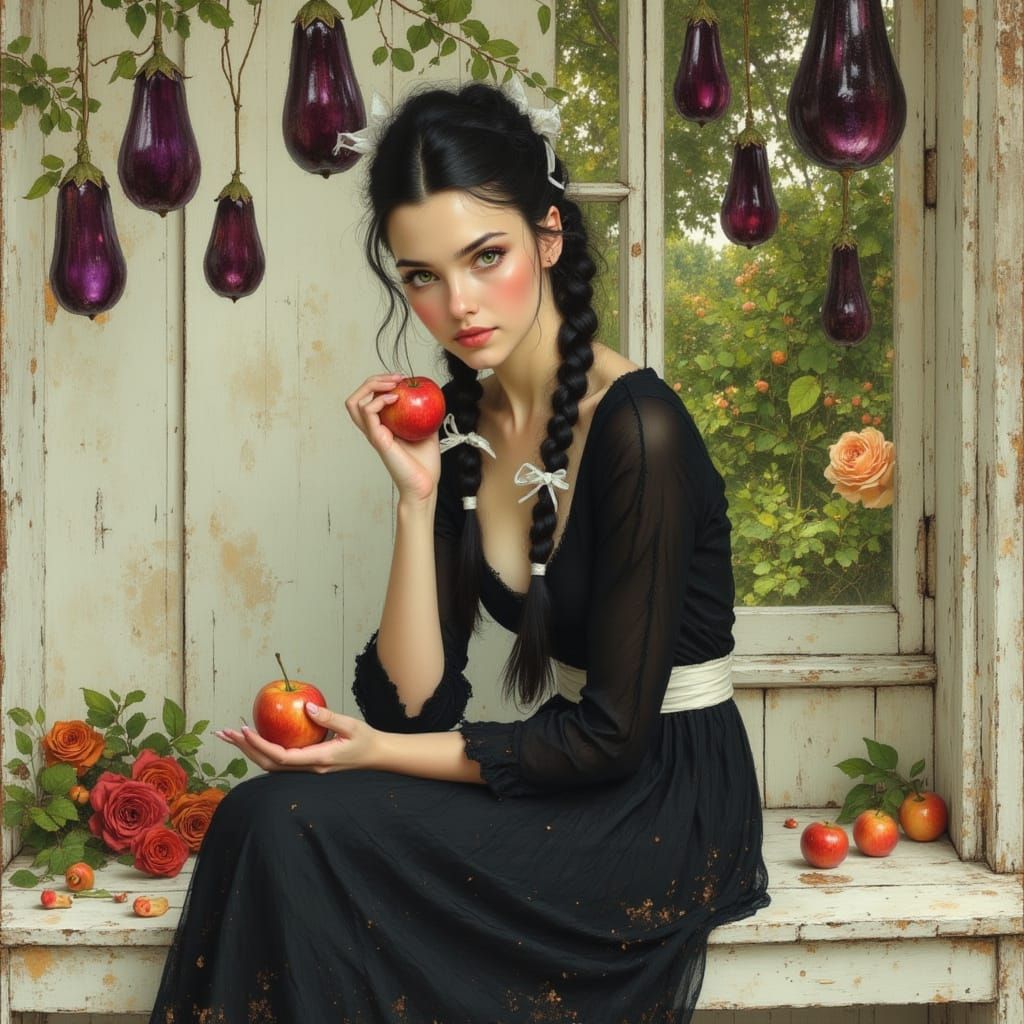 Woman with Braids in a Pre-Raphaelite Style Kitchen