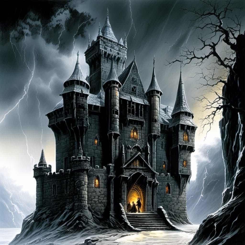 Dark Fantasy Castle Comic Illustration with Lightning