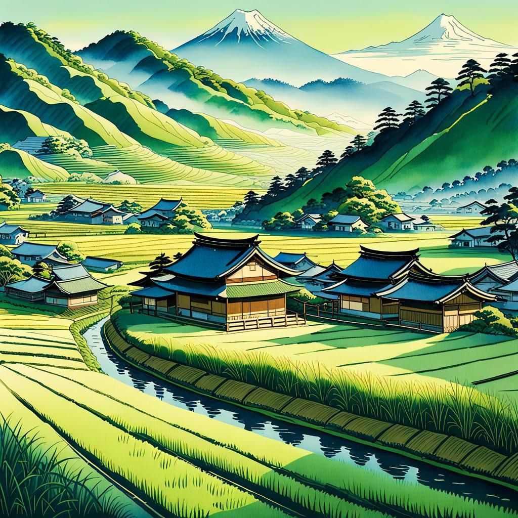 Serene Japanese Village in Ukiyo-e Style