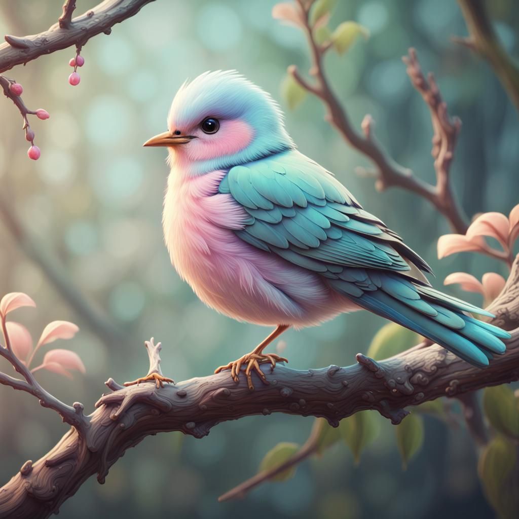 Pastel Bird on Branch: Detailed Matte Painting