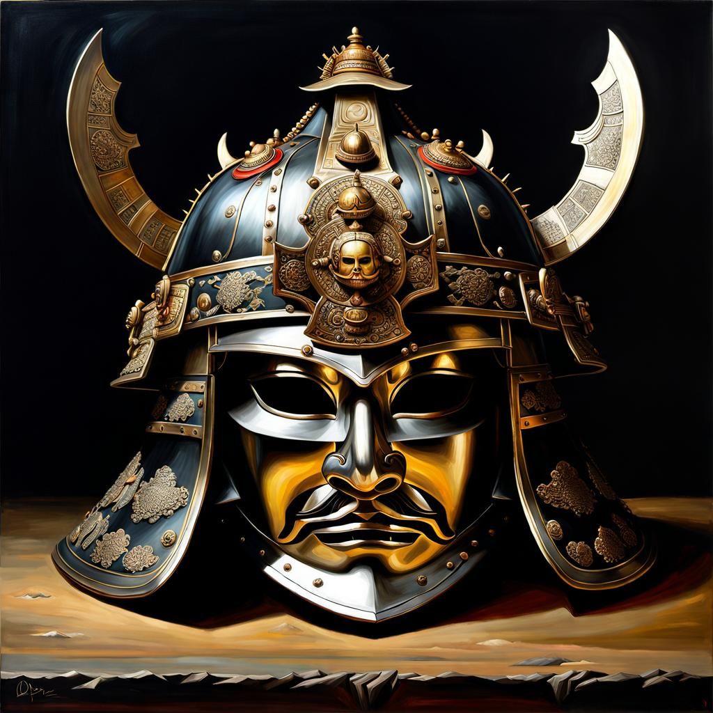 Samurai Helmet over Battlefield, Oil Painting