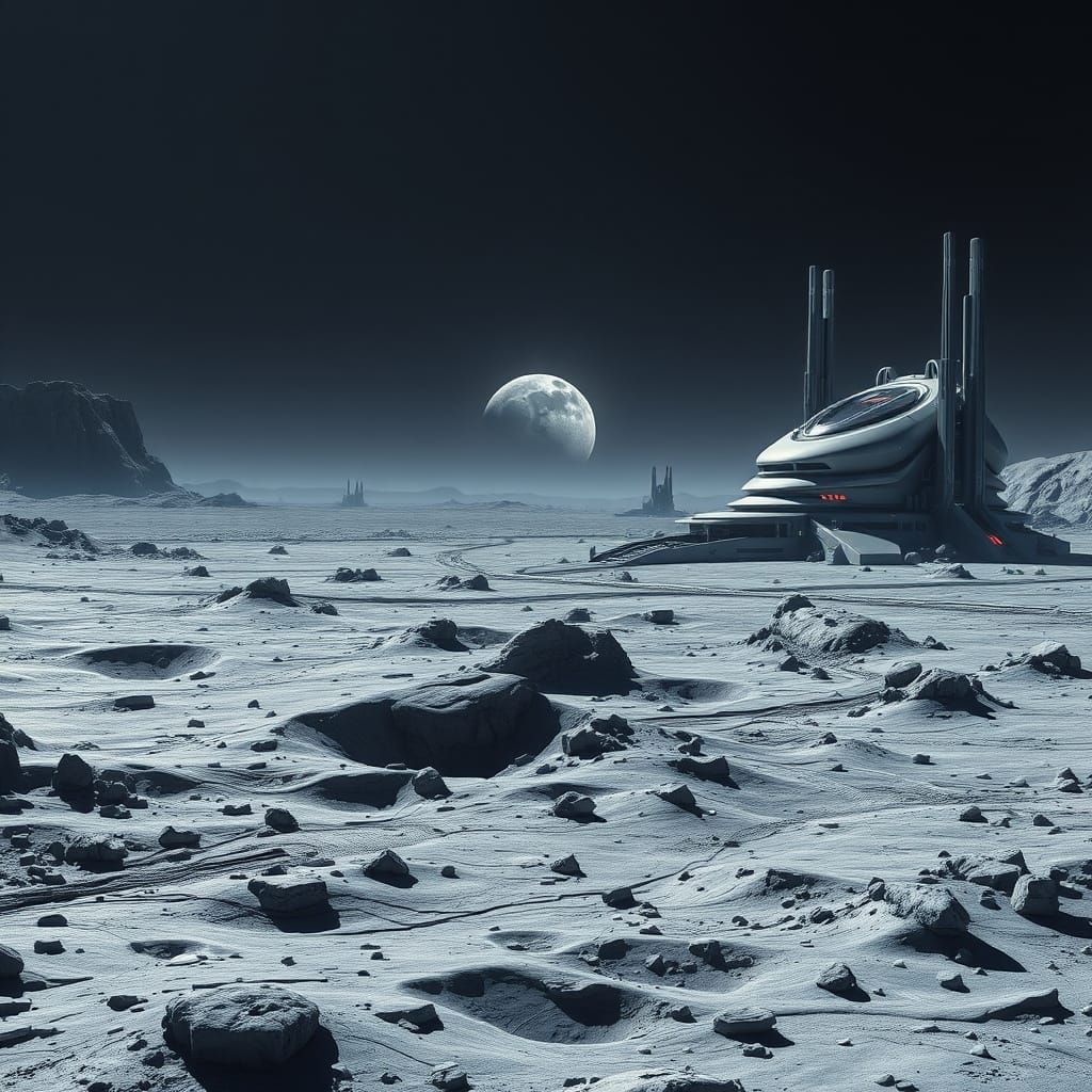 Barren Lunar Landscape with Futuristic Metropolis