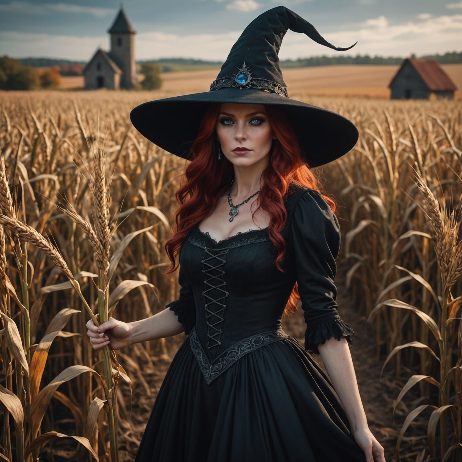 Sinister Witch Casting Spell in Cornfield